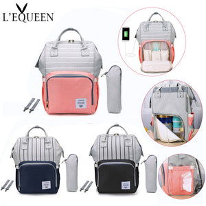 LEQUEEN Stripes Waterproof Mummy Diaper Bags for Mom Nappy Backpacks Handbag Large Capacity USB Port Maternity Nursing Baby Bag